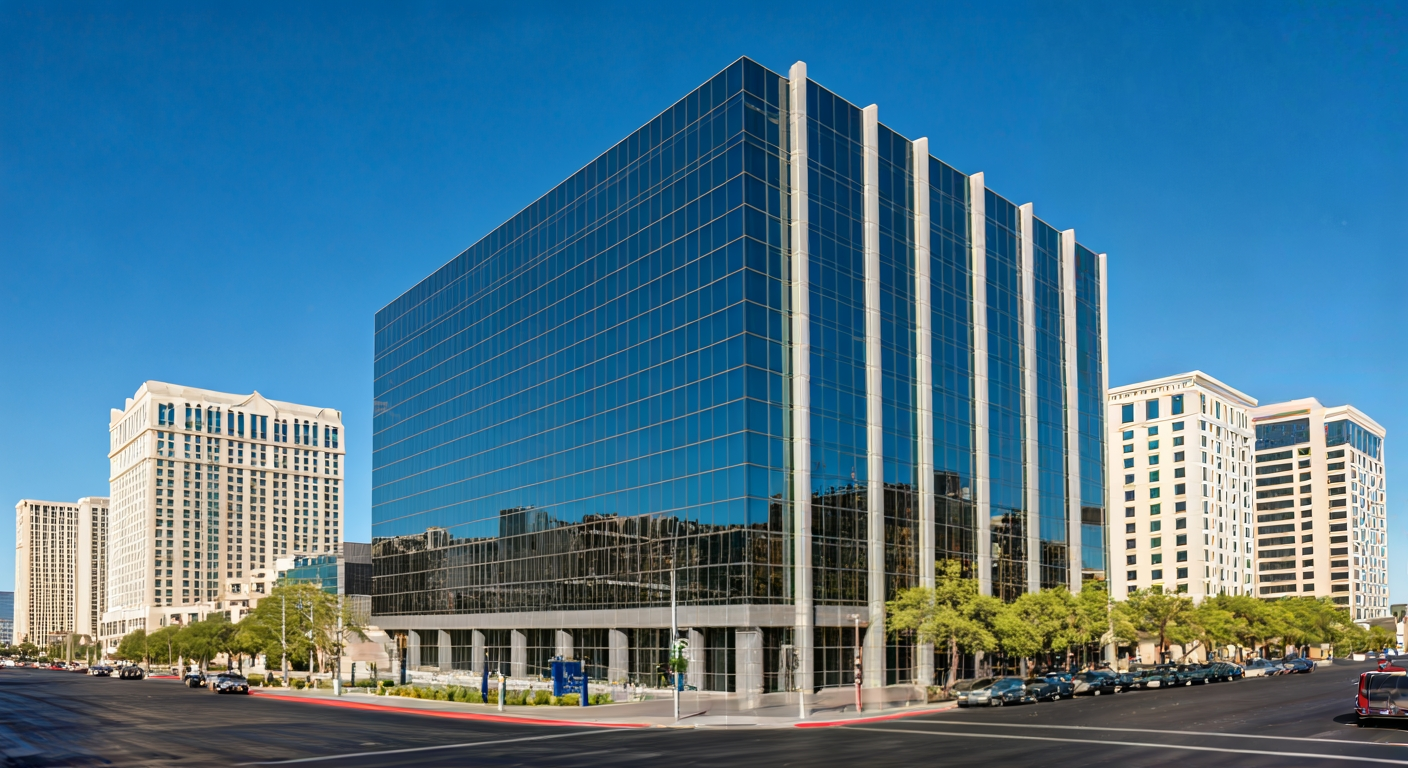 modern downtown Las Vegas office building exterior, clear day, professional architecture photo