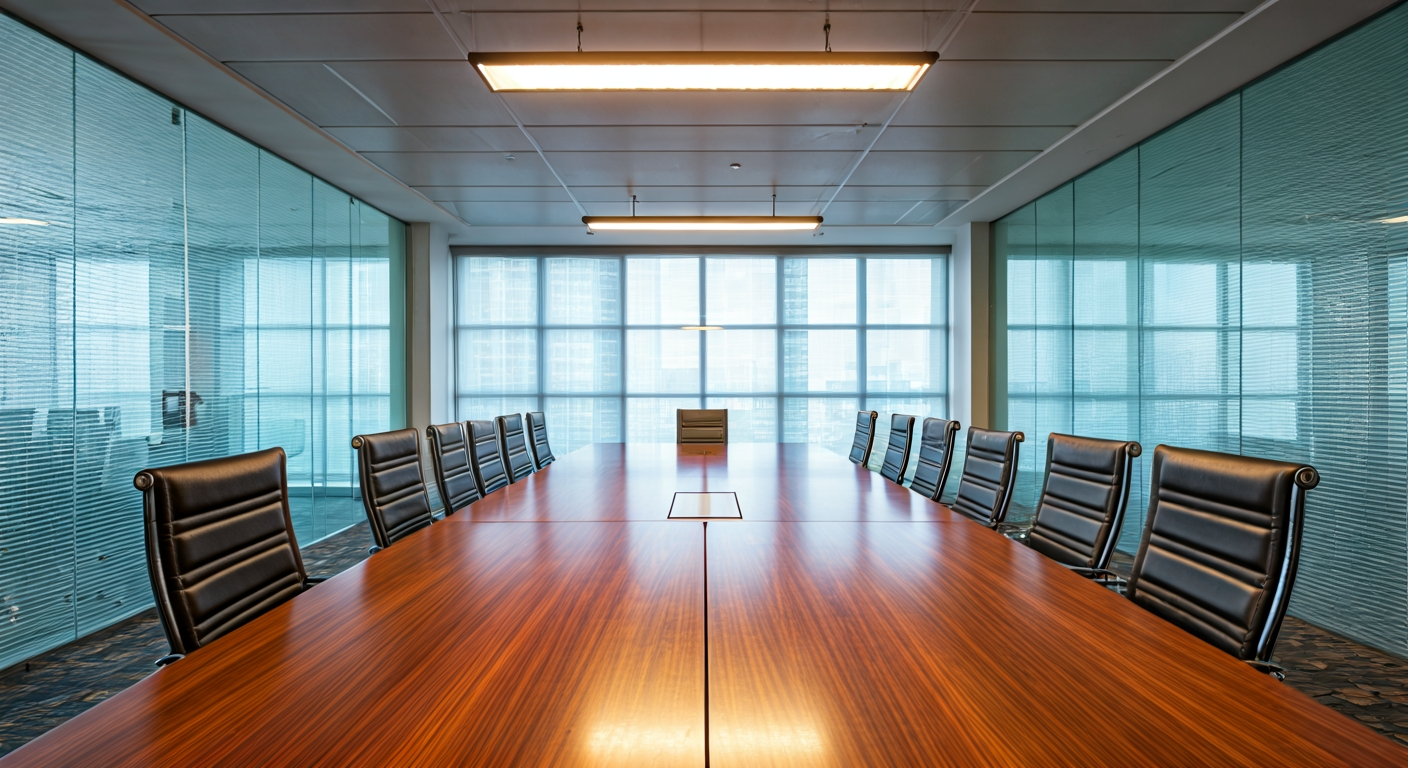 modern empty boardroom with a long polished wood table, glass walls, leather chairs, natural light